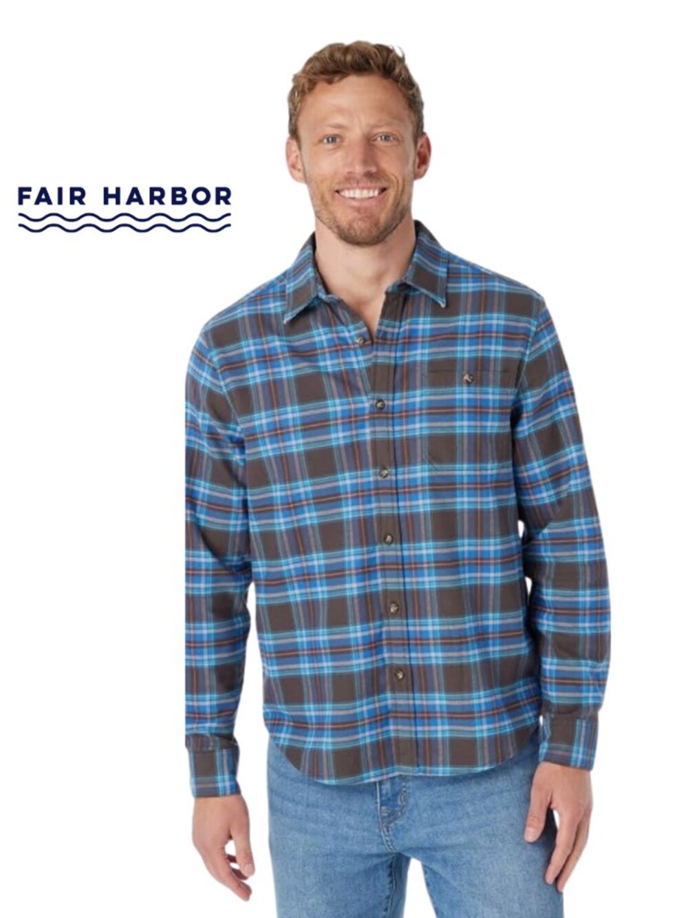 FAIR HARBOR {NWT} Men's Seaside Cotton Flannel Shirt | Large | blue brown plaid